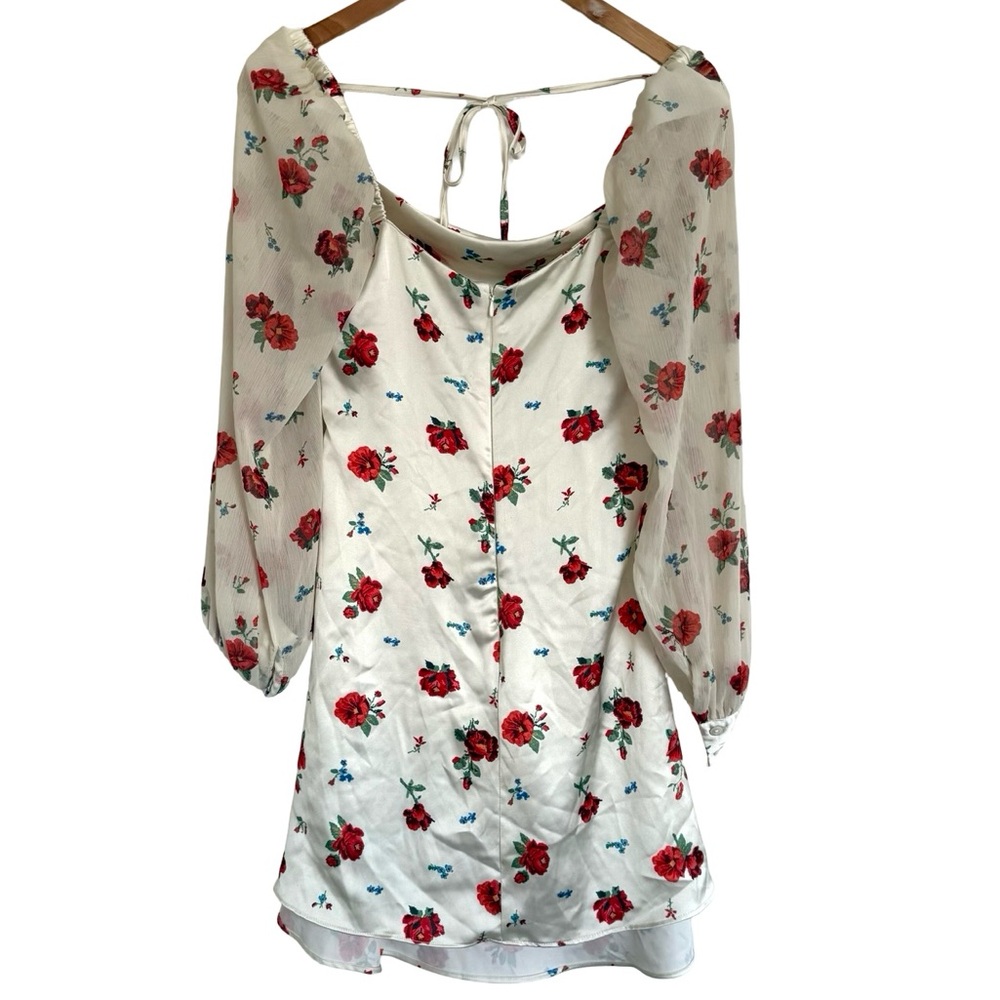 WeWoreWhat Dress 6 White Red Long Sleeve Roses Floral Puff Sleeve Cowl - Picture 7 of 14